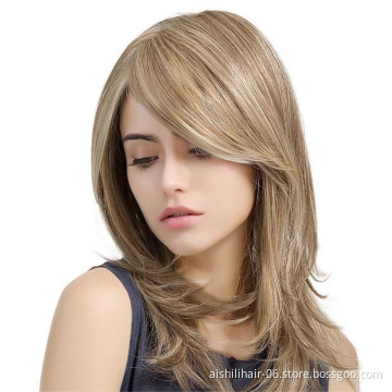 synthetic hair wigs for women golden color with Side points bang 12inch layered natural straight hair